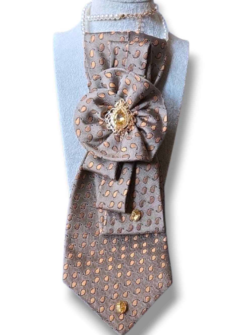 3/$60 Brown Paisley Folded Cravat with Gold Accent And Ruffle Detail
